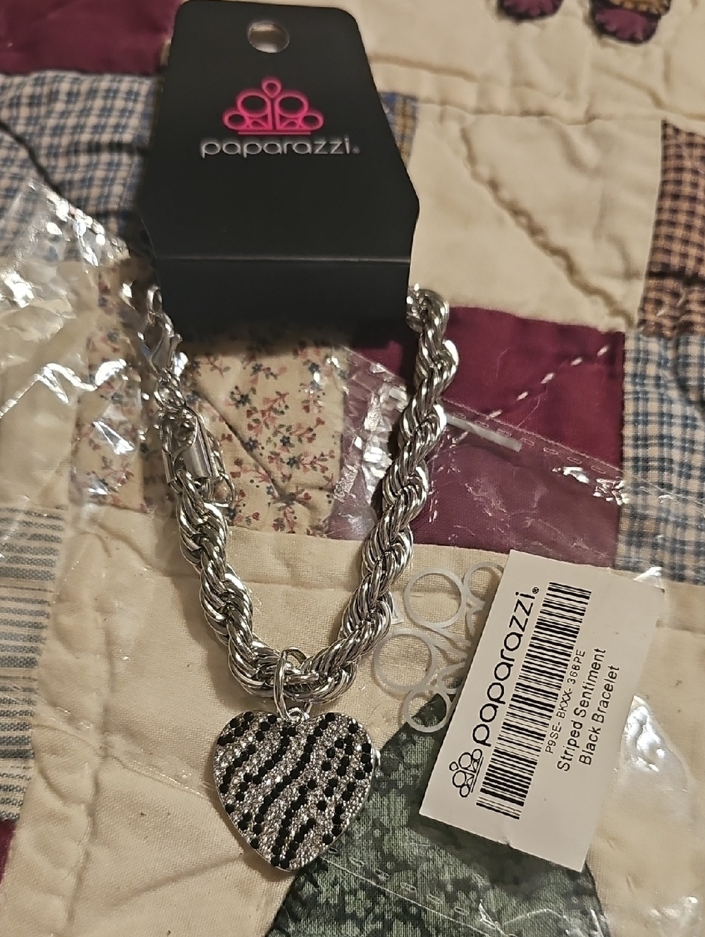 Paparazzi Black and Silver Zebra Pave Heart Rope Bracelet